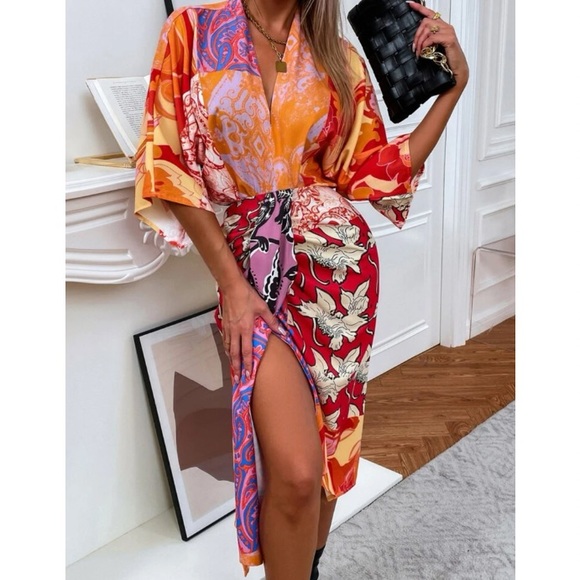 Boho floral print  V neck batwing sleeve dress - Picture 2 of 5